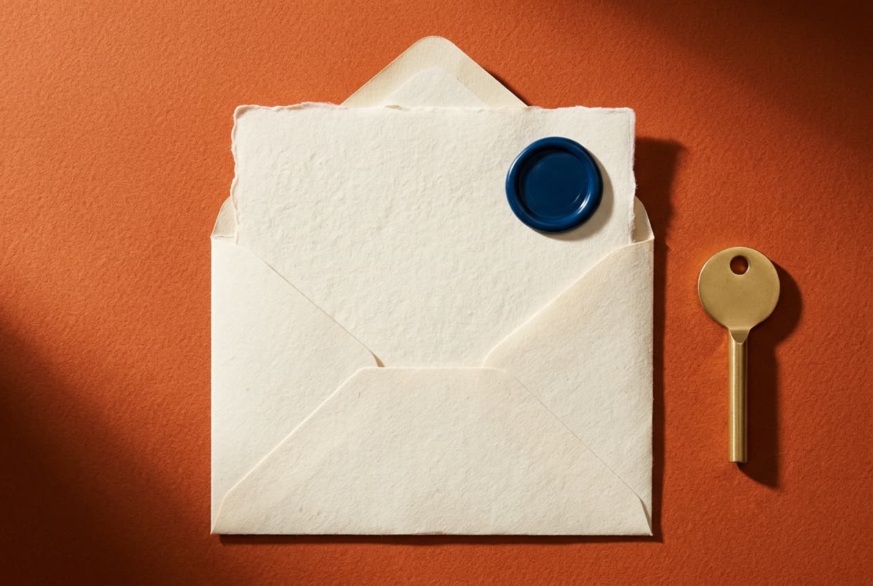 A cream envelope lying open on a pale grey surface, a sheet of deckled-edge paper drawn part way out with an ink-blue tab clipped to its corner, and a plain brass key resting alongside.