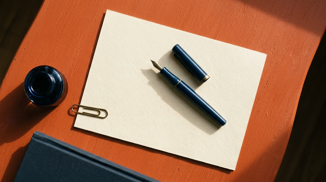 A single blank cream sheet on a terracotta desk with an uncapped blue fountain pen laid across it, a brass paperclip, a squat ink bottle and a cloth-bound notebook at the edge.