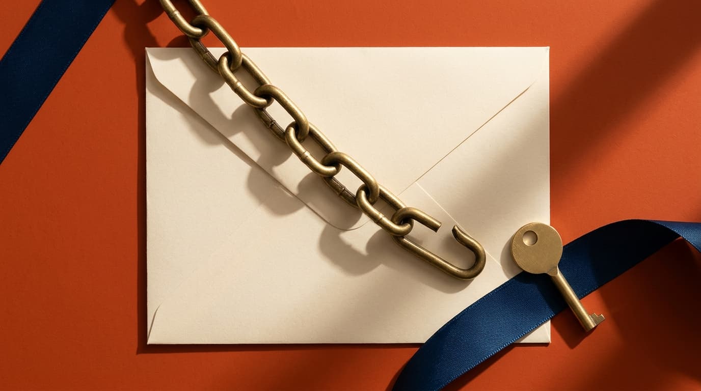 A brass chain lying diagonally across a blank cream envelope with its final link left open and unhooked, beside a plain brass key resting on a blue ribbon.